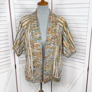 Chicos Shirred Cut Away Art To Wear Short Sleeve V Neck‎ Jacket Tan Multi Large